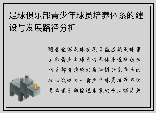 足球俱乐部青少年球员培养体系的建设与发展路径分析
