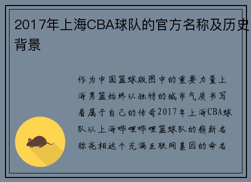 2017年上海CBA球队的官方名称及历史背景