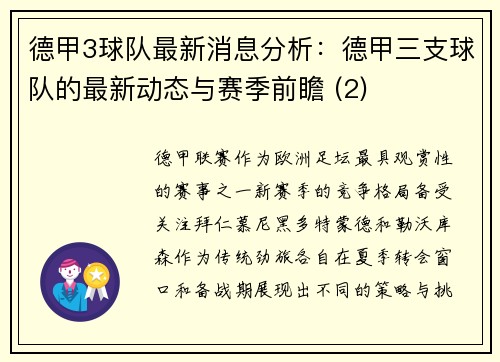 德甲3球队最新消息分析：德甲三支球队的最新动态与赛季前瞻 (2)