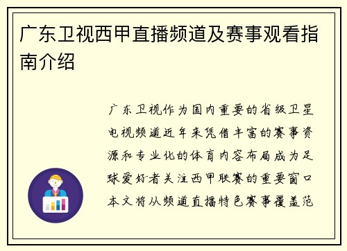 广东卫视西甲直播频道及赛事观看指南介绍
